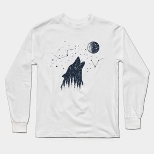 Inspirational Illustration With Wolf, Moon, Stars And Forest In Double Exposure Style Long Sleeve T-Shirt